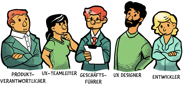 Illustration verschiedener Personen aus Produktmanagement, UX, Geschäftsführung und Entwicklung